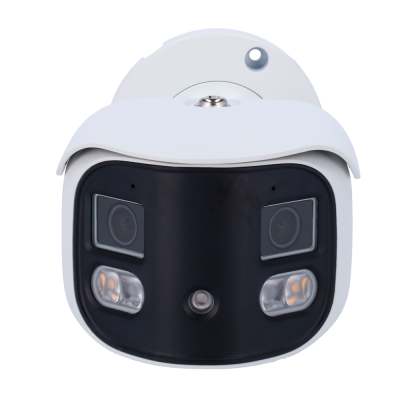 Câmara de vigilância branca e preta com duas lentes e sensores luminosos