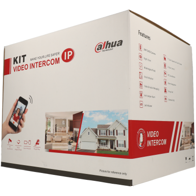 Embalagem branca e vermelha de kit de vídeo interfónico Dahua Technology com imagens de casa, sala e telemóvel