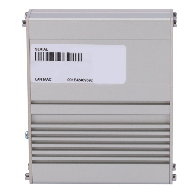 Dispositivo eletrônico cinza com etiqueta e código de barras