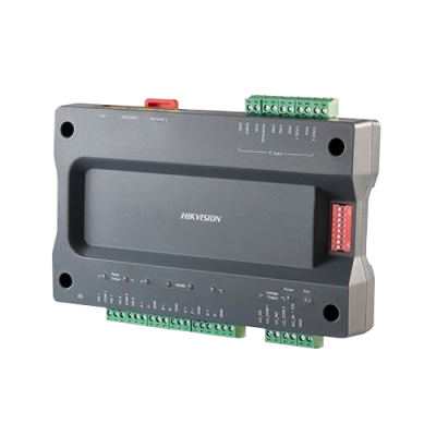 Dispositivo electrónico preto HIKVISION com múltiplas conexões verdes e indicadores LED