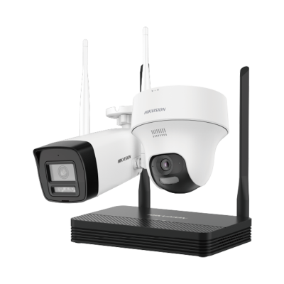 Câmaras de vigilância Hikvision com antenas Wi-Fi e dispositivo receptor preto
