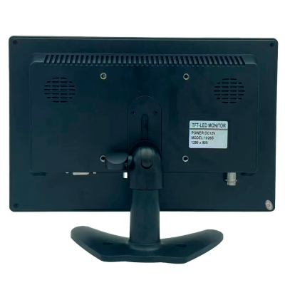 Monitor TFT-LED preto visto de trás com base de suporte e etiqueta branca
