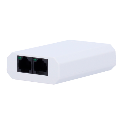 Adaptador branco com duas portas RJ45 negras e LEDs verdes.