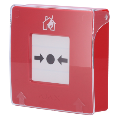 Dispositivo de alarme manual vermelho com símbolo de casa em chamas e setas apontando para o centro