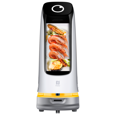 Robô de serviço com ecrã digital a mostrar imagens de marisco e peixe