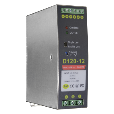 Fonte de alimentação industrial metálica modelo D120-12 com indicadores LED e terminais de parafuso