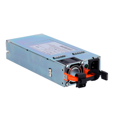 Fonte de alimentação para servidor metal prateado com alavancas laranja e etiqueta branca