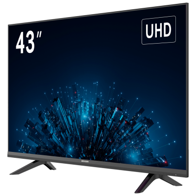 Televisor plano preto 43 polegadas UHD com imagem digital azul e preta