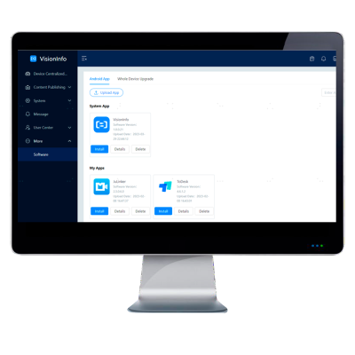 Monitor de computador preto a mostrar interface de software VisionInfo com apps para instalar