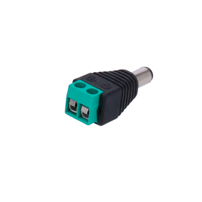 Adaptador jack DC preto e verde com dois terminais de conexão