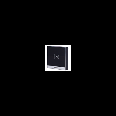 Leitor de cartão quadrado negro com ícone branco e texto Acrosec