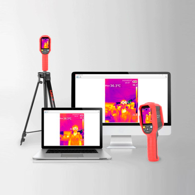 Equipamento de termografia com câmara térmica vermelha e monitores a mostrar imagens térmicas