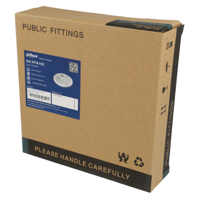 Embalagem castanha de papelão com etiqueta azul e texto em inglês sobre suporte para câmara