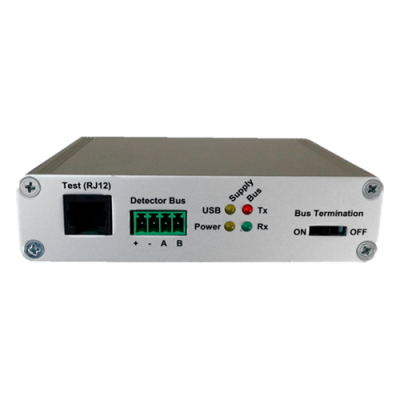 Dispositivo eletrônico cinza com conectores e LEDs na frente branca