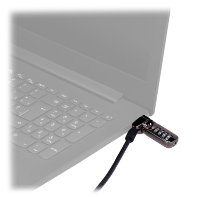 Cabo de segurança preto com cadeado de combinação numérica metálico num portátil cinza