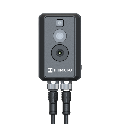 Câmara industrial cinza e preta com duas lentes e texto HIKMICRO