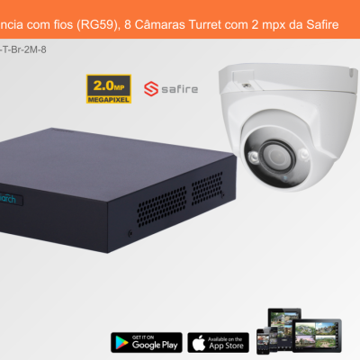 Sistema de videovigilância com gravador preto e câmara branca Safire