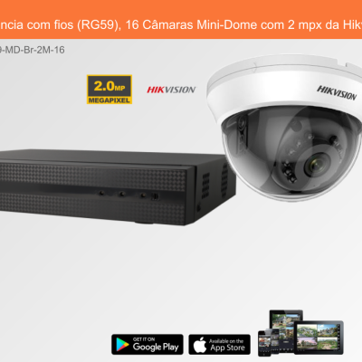 Sistema de videovigilância com fios HIKVISION com gravador preto e câmara mini-dome branca