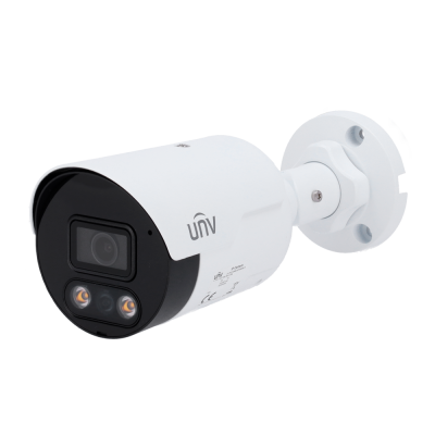 Câmara de vigilância IP UNV branca e preta com LEDs frontais e suporte de montagem