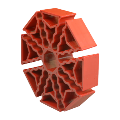Produto plástico vermelho com vários compartimentos e bordas onduladas