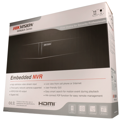 Caixa de produto Hikvision HiWatch Embedded NVR com detalhes técnicos e imagem do dispositivo.