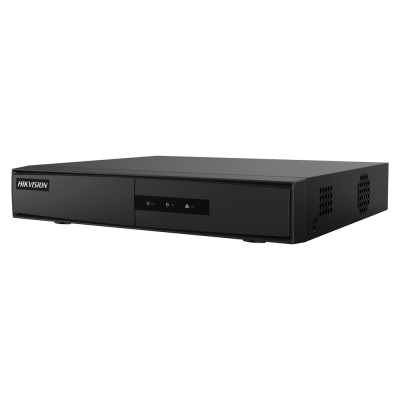 Gravador digital preto da marca HIKVISION com painel frontal e ventilação lateral