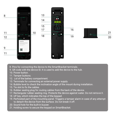 Parte de trás de dispositivo preto com componentes internos e código QR