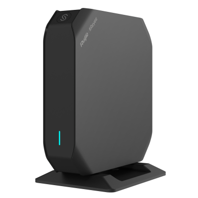 Roteador sem fios preto com indicador luminoso azul