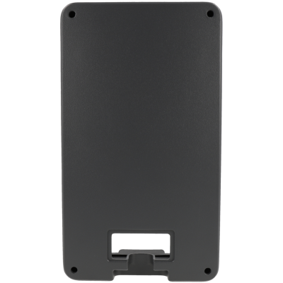 Parte traseira de dispositivo eletrónico cinzento escuro com parafusos e fenda retangular