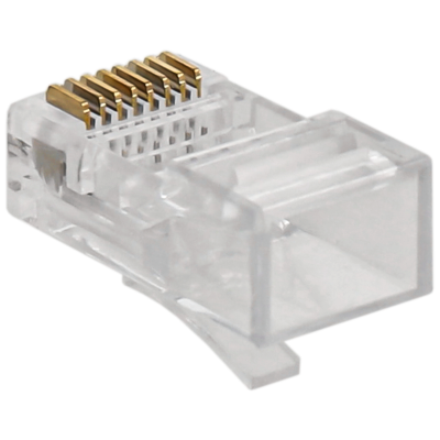 Conector RJ45 transparente com pinos dourados para cabo de rede