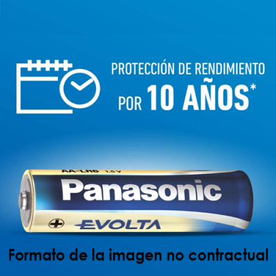 Pilha Panasonic Evolta AA LR6 1.5V com texto de proteção de rendimento por 10 anos em fundo azul