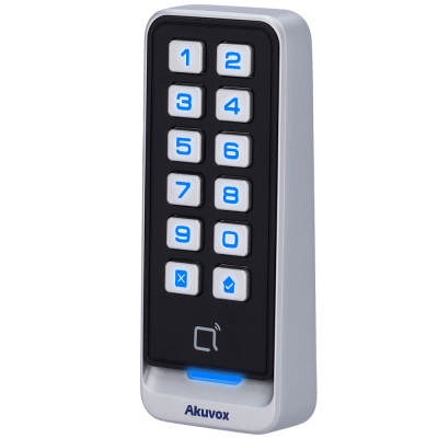 Teclado numérico Akuvox com botões iluminados a azul e luz LED azul