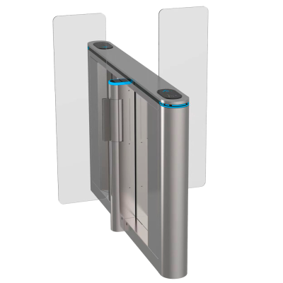 Gate de segurança metálico com painéis de vidro e luzes LED azuis