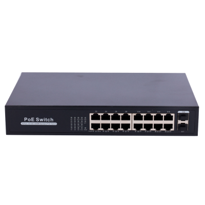 Interruptor de rede PoE preto com 16 portas Ethernet e 2 portas adicionais