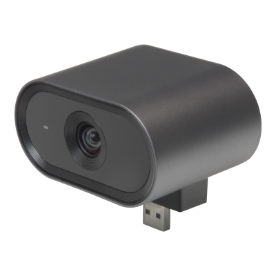 Câmara compacta preta com lente circular e conector USB