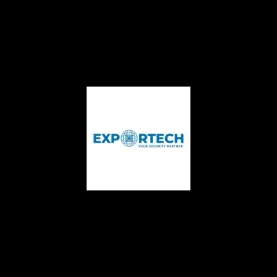 Logótipo azul da EXPORTECH com globo terrestre e texto de segurança