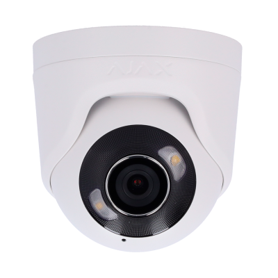 Câmara de segurança branca com lente preta e LEDs amarelos