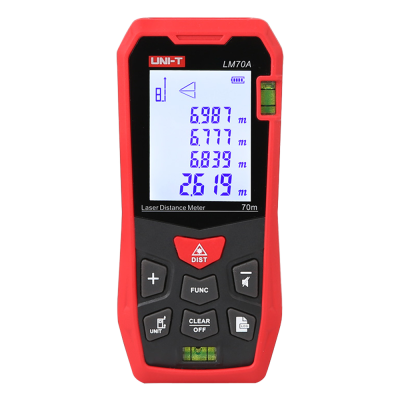 Medidor de distância a laser UNI-T LM70A vermelho e preto com ecrã digital