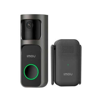 Campainha de vídeo e unidade de áudio IMOU pretas com indicador verde em fundo branco