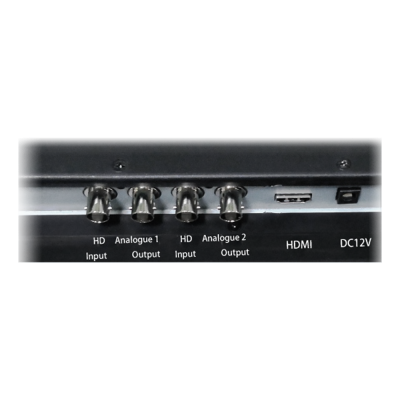 Painel traseiro de dispositivo com conectores coaxiais, HDMI e entrada DC12V