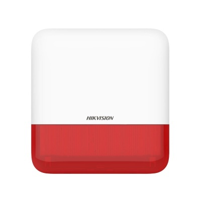 Dispositivo de alarme de segurança branco e vermelho com texto HIKVISION.
