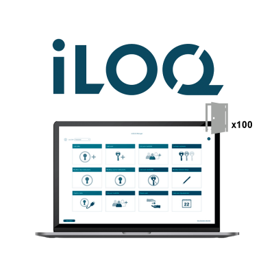 Computador portátil cinza com interface de software e o texto iLOQ