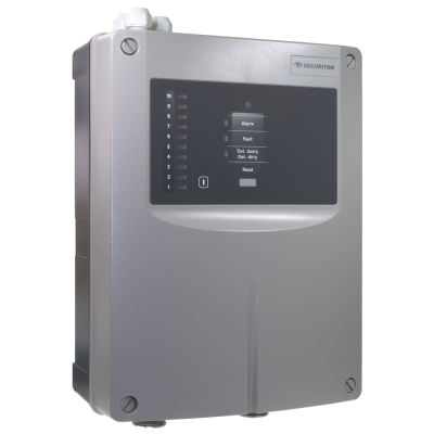 Dispositivo de controlo de alarmes SECURITON em caixa cinzenta com painel preto e indicadores luminosos