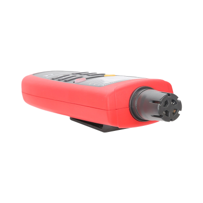 Dispositivo eletrônico vermelho e preto com botões e extremidade cinza circular.