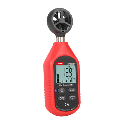 Anemómetro mini vermelho com visor digital e hélice preta.