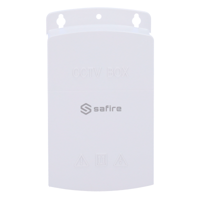 Caixa branca para CCTV com texto e logotipo Safire