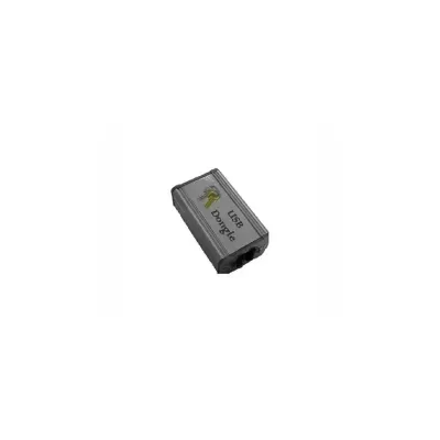 Dongle USB cinzento com etiquetas e imagem de chave