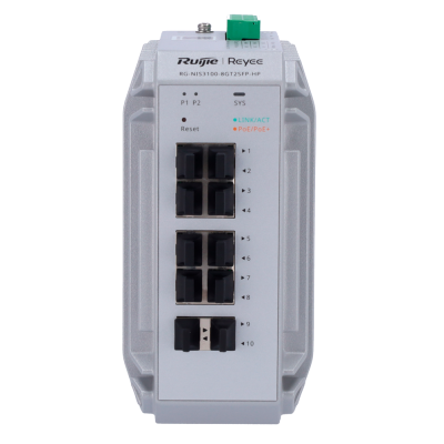 Dispositivo de rede Ruijie Reyee RG-NIS3100-8GT2SFP-HP com portas Ethernet e LEDs indicadores