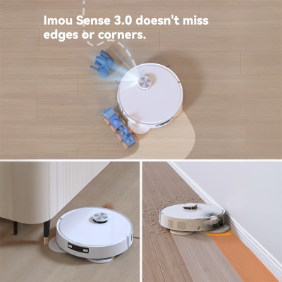 Robot aspirador branco a limpar pavimento de madeira junto a cantos e móveis