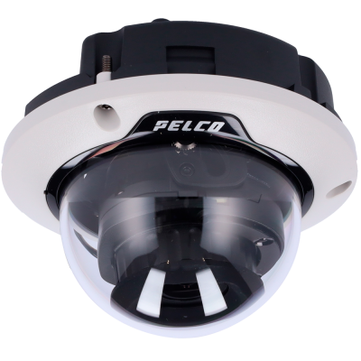 Câmara de vigilância dome FELCO preta e branca com cúpula transparente.
